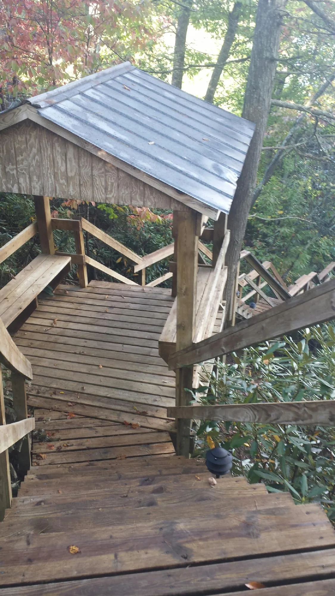 Metal roofed shelter over wooden steps on a wooded walkway — Skylight Repair & Installation work by our crew in Sargeant